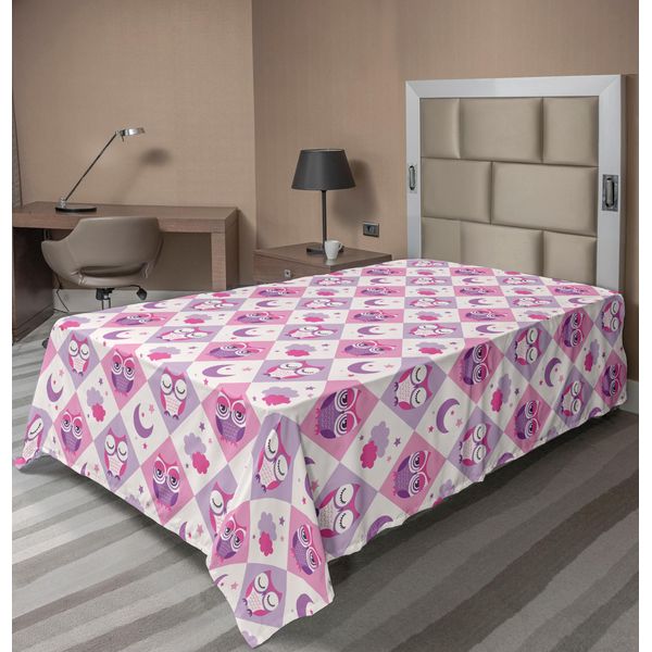 Abakuhaus Lenzuolo Con Gufi, Gufi Addormentati Con Motivo A Rombi, Mezzelune, Stelle, Nuvole, Notte, Buonanotte, Arte, Lenzuolo Morbido E Confortevole Per Un Letto Decorativo, 1 Pezzo, 260 Cm X 168 Cm, Rosa Lavanda-image