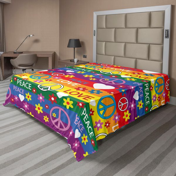 Abakuhaus Fantastico Lenzuolo, Cuore Simbolo Di Pace Fiori Energia Hippie Politico Simpatico Festival Di Colori Allegro, Morbido E Confortevole Lenzuolo Superiore Per Un Letto Decorativo 1 Pezzo 260 Cm X 228 Cm, Multicolore-image