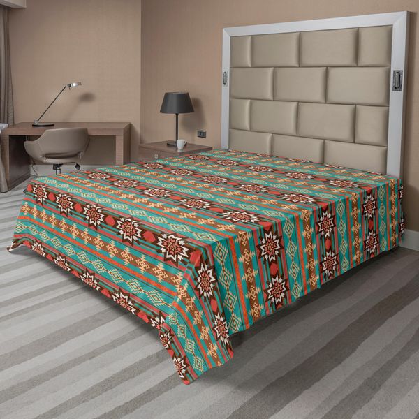 Abakuhaus Lenzuolo Colorato, Motivi Floreali E Geometrici Etnici Tribali Culturali, Lenzuolo Morbido E Confortevole Per Un Letto Decorativo 1 Pezzo 266 Cm X 260 Cm, Corallo Verde Acqua E Marrone-image