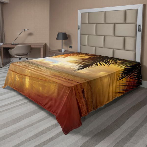 Abakuhaus Lenzuolo Oceano, Nuvole Cielo Tramonto Sulla Spiaggia Onde Del Mare Costa Schiuma Oceano Palme Vista, Morbido E Confortevole Lenzuolo Superiore Per Un Letto Decorativo 1 Pezzo 275 Cm X 260 Cm, Arancione-image