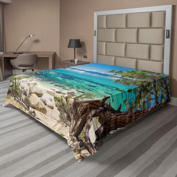 Abakuhaus Lenzuolo Naturale, Lake Tahoe Neve Riflesso Della Montagna Acqua Limpida Vista Sulla Costa Rocciosa, Lenzuolo Morbido E Confortevole Per Un Letto Decorativo 1 Pezzo 244 Cm X 205 Cm, Azzurro Verde Guscio D'uovo-image
