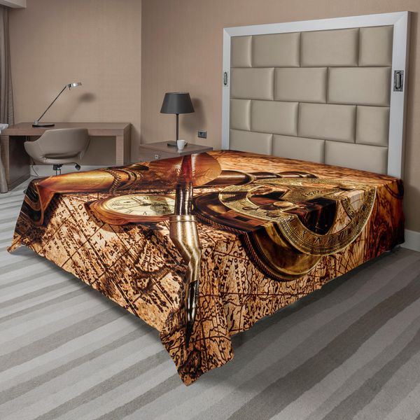 Abakuhaus Lenzuolo Antico, Bussola, Penna D'oca, Binocolo, Orologio Da Tasca, Vecchia Stampa Di Una Mappa, Morbido E Confortevole Lenzuolo Superiore Per Un Letto Decorativo, 1 Pezzo, 266 Cm X 260 Cm, Arancione Marrone-image