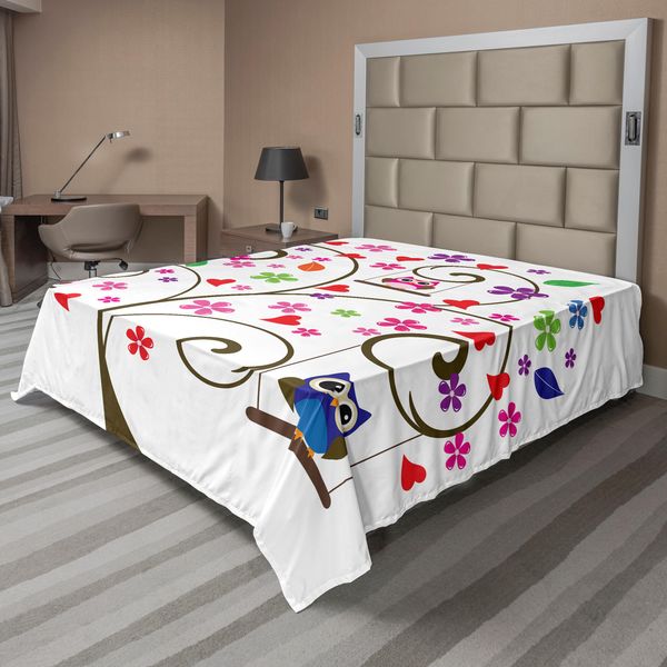 Abakuhaus Lenzuolo Con Gufi, Albero Con Fiori E Gufi, Linee Decorative Sinuose, Design Giocoso, Morbido E Confortevole Lenzuolo Superiore Per Un Letto Decorativo 1 Pezzo 244 Cm X 205 Cm, Multicolore-image