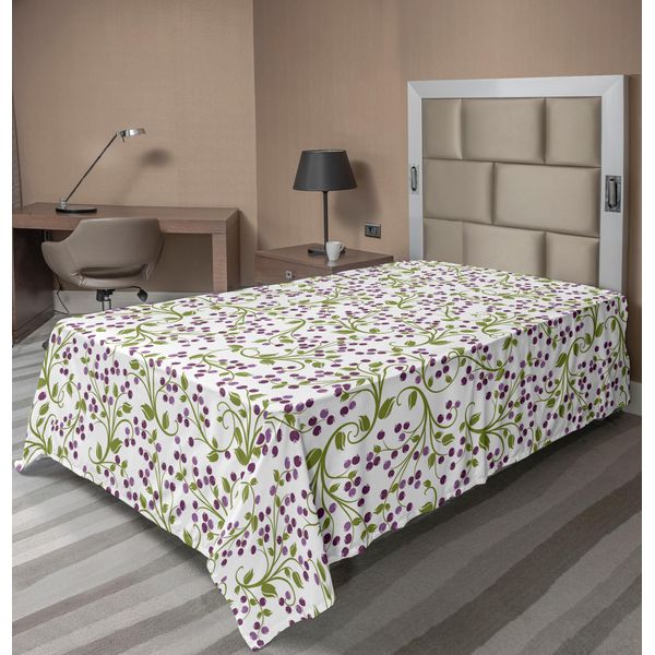 Abakuhaus Lenzuolo Con Fiori, Motivo Floreale Ripetuto Bacche Selvatiche Foglie Frutti Illustrazione Botanica, Lenzuolo Morbido E Confortevole Per Un Letto Decorativo 1 Pezzo 190 Cm X 100 Cm, Verde Bianco Viola-image
