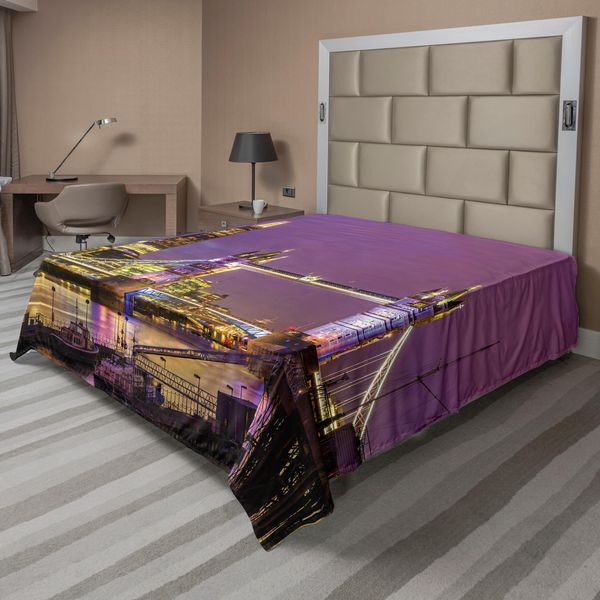Abakuhaus London Lenzuolo, Torre Ponte A Londra Di Notte Monumento Storico Culturale Europa Britannico Urbano, Morbido E Confortevole Lenzuolo Superiore Per Un Letto Decorativo 1 Pezzo 275 Cm X 260 Cm, Viola Giallo-image