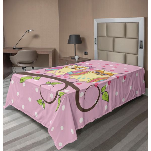 Abakuhaus Lenzuolo Con Gufi, Gufi Innamorati Su Fondo A Pois, Tema Romantico, Lenzuolo Morbido E Confortevole Per Un Letto Decorativo, 1 Pezzo, 260 Cm X 168 Cm, Giallo Chiaro E Verde Mela.-image