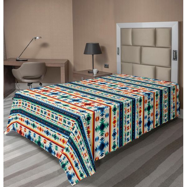 Abakuhaus Lenzuolo Astratto, Motivo Tribale Astratto Senza Cuciture, Geometrico Azteco Antico, Lenzuolo Morbido E Confortevole Per Un Letto Decorativo 1 Pezzo 260 Cm X 168 Cm, Blu, Bianco E Arancione-image
