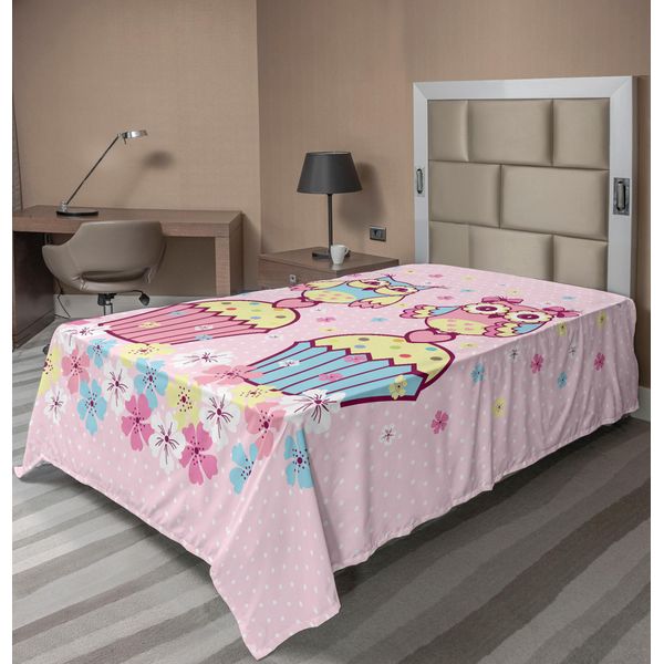 Abakuhaus Lenzuolo Con Gufi, Due Coppie Di Gufi Su Cupcake Springtime Happiness Arte Romantica Per Bambini, Lenzuolo Morbido E Confortevole Per Un Letto Decorativo 1 Pezzo 260 Cm X 168 Cm, Rosa Pallido E Azzurro-image