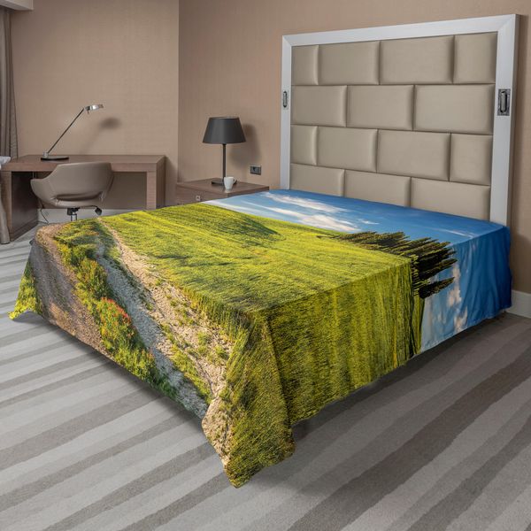 Abakuhaus Toscana Lenzuolo, Toscana Italia Fuga Dreamland Terra Coltivata Fiori Selvatici Primavera, Morbido E Confortevole Lenzuolo Superiore Per Un Letto Decorativo 1 Pezzo 260 Cm X 228 Cm, Verde Felce Azzurro Cielo-image