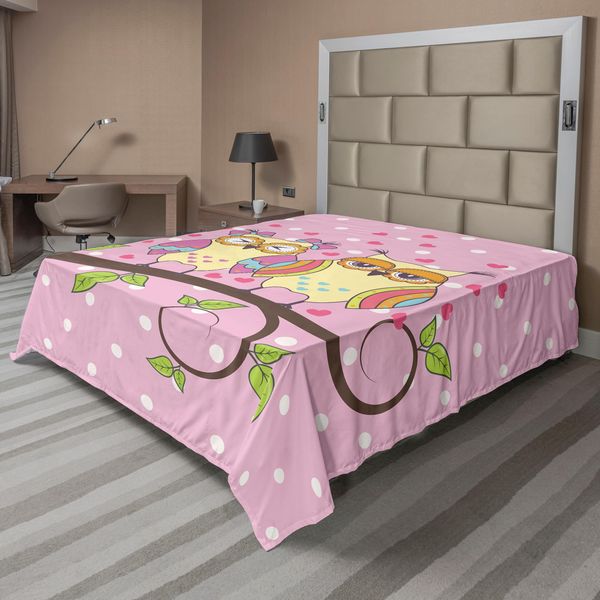 Abakuhaus Lenzuolo Con Gufi, Gufi Innamorati Su Fondo A Pois, Tema Romantico, Lenzuolo Morbido E Confortevole Per Un Letto Decorativo, 1 Pezzo, 244 Cm X 205 Cm, Giallo Chiaro E Verde Mela.-image