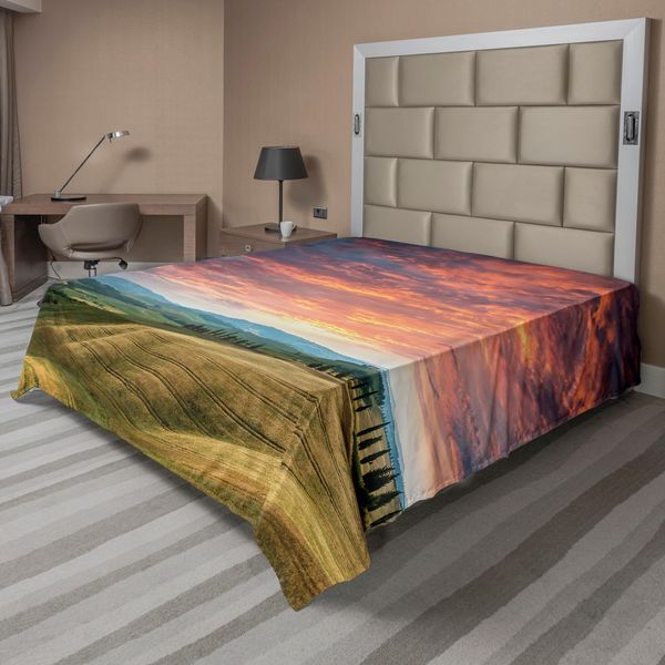 Abakuhaus Toscana Lenzuolo, Toscana Italia Cipressi E Campi Raccolto Cielo Nuvoloso Meta Turistica, Morbido E Confortevole Lenzuolo Superiore Per Un Letto Decorativo 1 Pezzo 266 Cm X 260 Cm, Vermilion Khaki-image