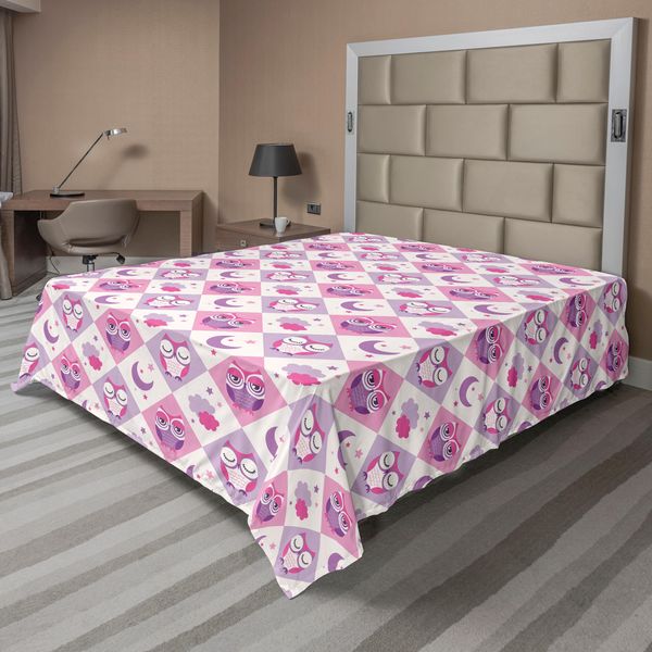 Abakuhaus Lenzuolo Con Gufi, Gufi Addormentati Con Motivo A Rombi, Mezzelune, Stelle, Nuvole, Notte, Buonanotte, Arte, Lenzuolo Morbido E Confortevole Per Un Letto Decorativo, 1 Pezzo, 266 Cm X 260 Cm, Rosa Lavanda-image