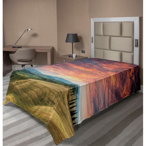 Abakuhaus Lenzuolo Toscana, Cipressi E Campi Della Toscana Italia Cielo Nuvoloso Meta Turistica, Lenzuolo Morbido E Confortevole Per Un Letto Decorativo 1 Pezzo 260 Cm X 168 Cm, Vermilion Khaki-image