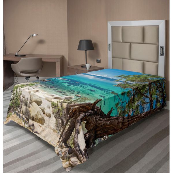 Abakuhaus Lenzuolo Naturale, Lake Tahoe Neve Montagna Riflesso Acqua Limpida Scogliera Rocciosa Vista, Morbido E Confortevole Lenzuolo Superiore Per Un Letto Decorativo 1 Pezzo 260 Cm X 168 Cm, Azzurro Verde Guscio D'uovo-image