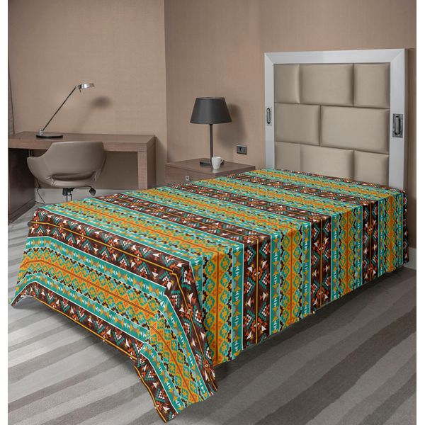 Abakuhaus Lenzuolo Retrò, Stile Retrò Con Motivo Azteco E Dettagli Geometrici, Lenzuolo Morbido E Confortevole Per Un Letto Decorativo 1 Pezzo 260 Cm X 168 Cm, Turchese Calendula Marrone-image