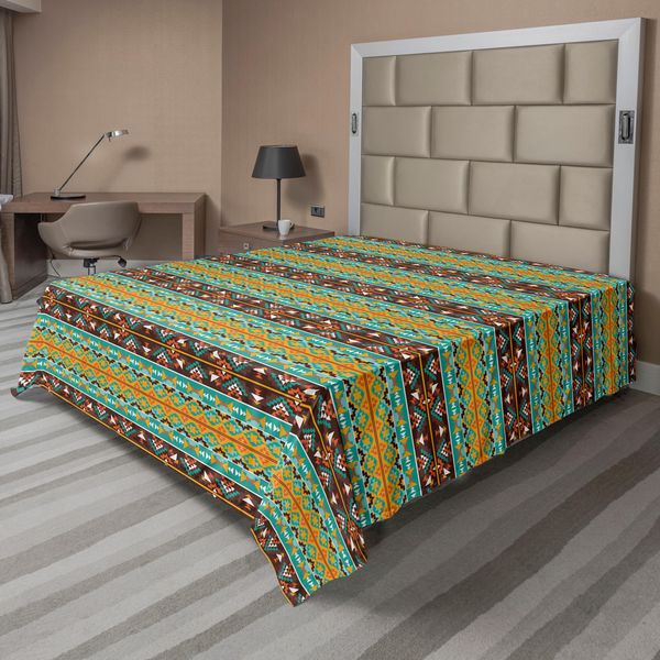 Abakuhaus Lenzuolo Retrò, Stile Retrò Con Motivo Azteco E Dettagli Geometrici, Lenzuolo Morbido E Confortevole Per Un Letto Decorativo 1 Pezzo 275 Cm X 260 Cm, Turchese Calendula Marrone-image