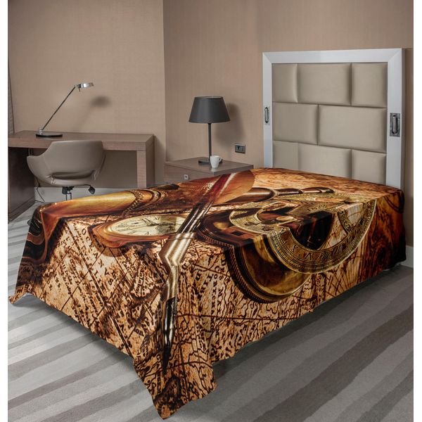 Abakuhaus Lenzuolo Antico, Bussola, Penna D'oca, Binocolo, Orologio Da Tasca, Vecchia Stampa Di Una Mappa, Morbido E Confortevole Lenzuolo Superiore Per Un Letto Decorativo, 1 Pezzo, 260 Cm X 168 Cm, Arancione Marrone-image