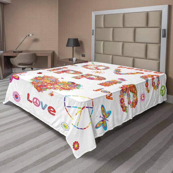 Abakuhaus Fantastico Lenzuolo, Amore Hippie Fiori Stagione Festiva Coccinella Coccinella Natura Fiorisce Stampa Artistica, Morbido E Comodo Lenzuolo Superiore Per Un Letto Decorativo 1 Pezzo 275 Cm X 260 Cm, Multicolore-image