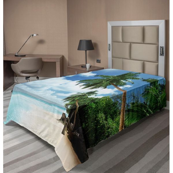 Abakuhaus Lenzuolo Da Letto, Palme, Foglie, Isola, Oceano, Giungla Esotica, Laguna, Tema Viaggi, Immagine, Morbido E Confortevole Lenzuolo Superiore Per Un Letto Decorativo, 1 Pezzo, 190 Cm X 100 Cm, Verde, Blu, Acquamarina-image