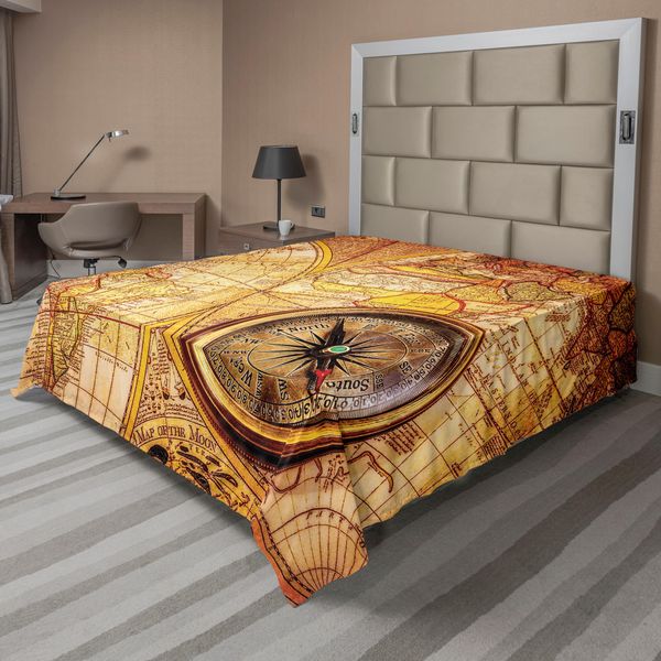 Abakuhaus Lenzuolo Antico, Bussola Su Una Vecchia Mappa Del Mondo Con Confini Storici Del Secolo Scorso, Lenzuolo Morbido E Confortevole Per Un Letto Decorativo 1 Pezzo 266 Cm X 260 Cm, Giallo Arancione-image