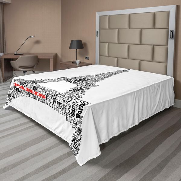 Abakuhaus Paris Lenzuolo, Illustrazione Di Gita Con Parola Parigi Edificio Storico Culturale Francese, Lenzuolo Superiore Morbido E Confortevole Per Un Letto Decorativo 1 Pezzo 260 Cm X 228 Cm, Bianco Nero-image