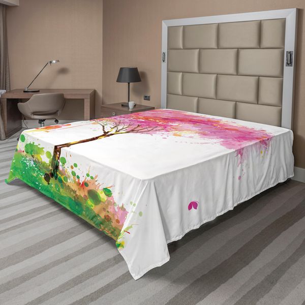 Abakuhaus Lenzuolo Primaverile, Albero In Fiore, Ragazza Sognante Sulla Primavera, Arte Acquerello Dell'infanzia, Lenzuolo Superiore Morbido E Confortevole Per Un Letto Decorativo, 1 Pezzo, 275 Cm X 260 Cm, Multicolore-image