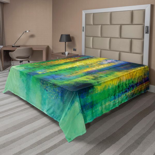 Abakuhaus Lenzuolo Con Fiori Acquerellati, Arte Astratta, Acquerello Floreale Primaverile, Pittura, Arte Naturale, Lenzuolo Morbido E Confortevole Per Un Letto Decorativo, 1 Pezzo, 244 Cm X 205 Cm, Verde Giallo-image