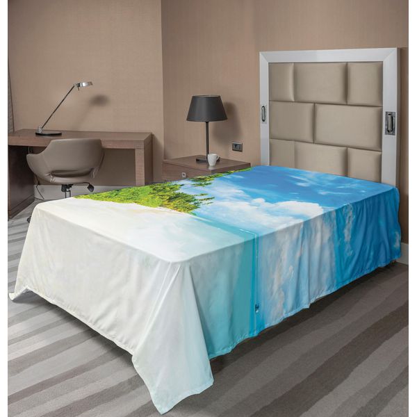 Abakuhaus Lenzuolo Ocean, Immagine Spiaggia Tropicale Cielo Marino Paesaggio Palme Da Cocco Ambientazione Moderna, Lenzuolo Morbido E Confortevole Per Un Letto Decorativo 1 Pezzo 190 Cm X 100 Cm, Crema Verde Blu-image
