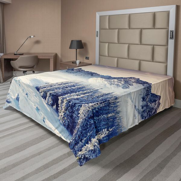 Abakuhaus Lenzuolo Naturale, Inverno Innevato Cielo Drammatico Paese Delle Fiabe Nevicata Stampa Panoramica, Lenzuolo Superiore Morbido E Confortevole Per Un Letto Decorativo 1 Pezzo 260 Cm X 228 Cm, Blu Grigio Bianco Grigio-image