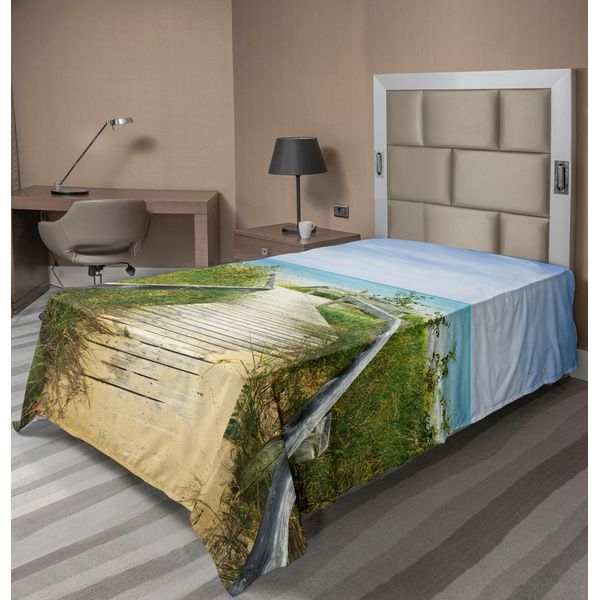 Abakuhaus Lenzuolo Da Letto, Passeggiata Sulle Dune Della Spiaggia Pinery Provincial Park Ontario Canada, Morbido E Confortevole Lenzuolo Superiore Per Un Letto Decorativo 1 Pezzo 190 Cm X 100 Cm, Acquamarina Sabbia Marrone Verde-image