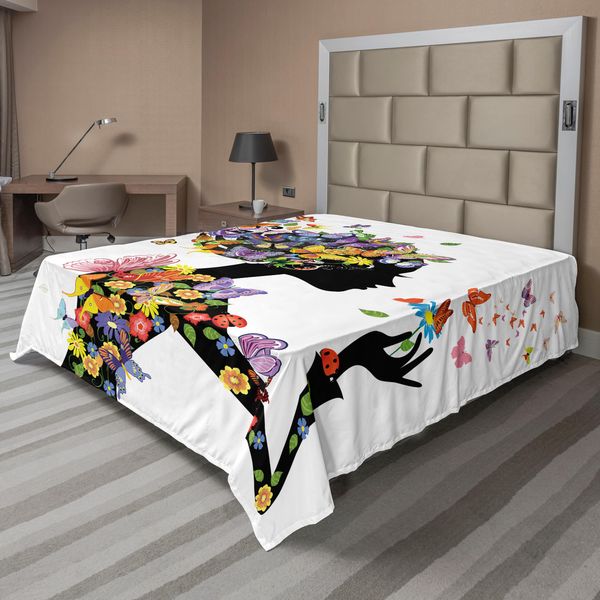 Abakuhaus Lenzuolo Con Farfalle, Moda Bambina Fiori Con Farfalle Decorativi Foglie Fiorite Stampa Natura Bosco, Lenzuolo Morbido E Confortevole Per Un Letto Decorativo 1 Pezzo 266 Cm X 260 Cm, Multicolore-image
