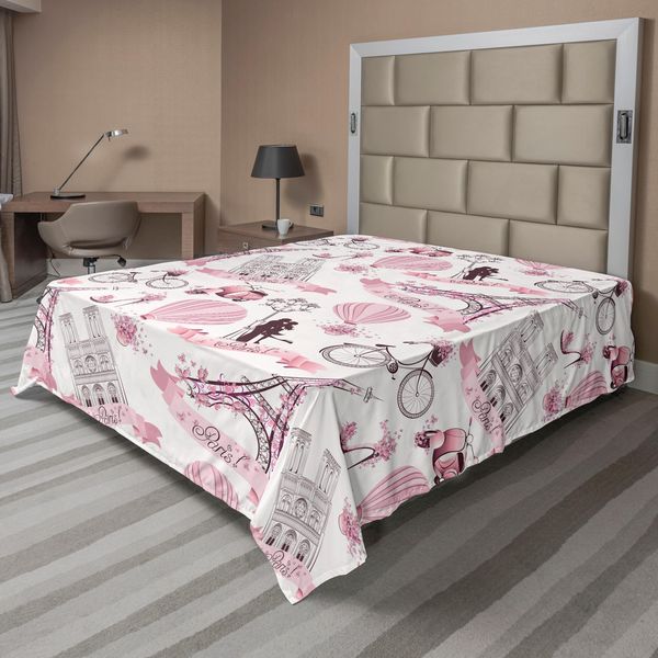 Abakuhaus Lenzuolo Torre Eiffel, Viaggi A Parigi Tema Luna Di Miele Fiori Romanticismo Mongolfiera Bicicletta Scarpa, Lenzuolo Morbido E Confortevole Per Un Letto Decorativo 1 Pezzo 266 Cm X 260 Cm, Bianco Rosa-image