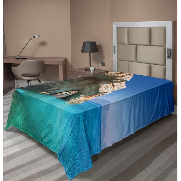 Abakuhaus Grecia Lenzuolo, Sea Cave Sull'isola Di Zante Grecia Vacanze Rilassanti Paesaggio Marino Costa Immagine, Morbido E Confortevole Lenzuolo Superiore Per Un Letto Decorativo 1 Pezzo 260 Cm X 168 Cm, Tan Azzurro Pallido-image