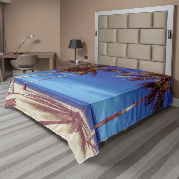 Abakuhaus Lenzuolo Da Letto, Immagine Di Un'amaca Su Una Spiaggia Tropicale Dorata Con Palme E Oceano, Surreale, Morbido E Confortevole Lenzuolo Superiore Per Un Letto Decorativo, 1 Pezzo, 260 Cm X 228 Cm, Blu Navy, Crema, Verde.-image