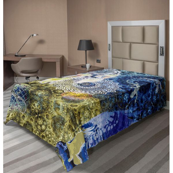 Abakuhaus Lenzuolo Mandala, Mandala Tribal Art Con Lucertole E Acchiappasogni Aquila Stile Nativo Americano, Lenzuolo Morbido E Confortevole Per Un Letto Decorativo 1 Pezzo 190 Cm X 100 Cm, Blu Giallo-image