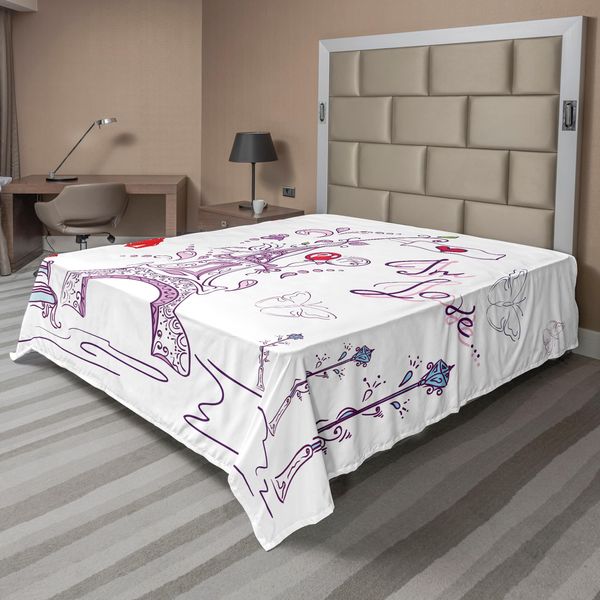 Abakuhaus Lenzuolo Torre Eiffel, Autunno Romantico Parigi Storico San Valentino Ombrelli Doodle, Morbido E Confortevole Lenzuolo Superiore Per Un Letto Decorativo 1 Pezzo 266 Cm X 260 Cm, Viola Rosso Azzurro-image