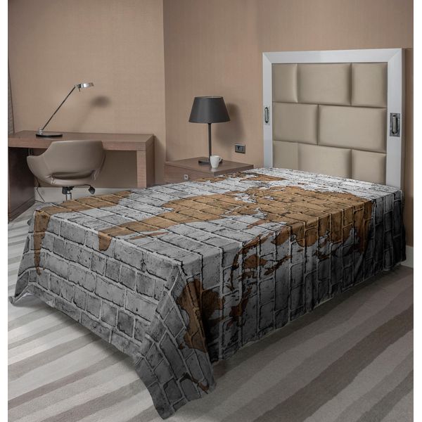 Abakuhaus Lenzuolo Fernweh, Mappa Del Mondo Su Vecchio Muro Di Mattoni Paesi Continenti In Stile Vintage Ruvido, Lenzuolo Superiore Morbido E Confortevole Per Un Letto Decorativo 1 Pezzo 260 Cm X 168 Cm, Grigio Chiaro Marrone Chiaro-image