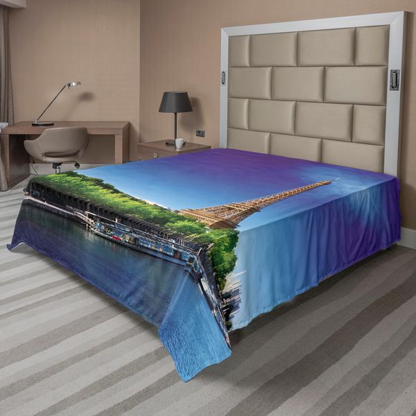 Abakuhaus Lenzuolo Torre Eiffel, Senna Parigi Con Torre Eiffel Alba Albero Fiume Natura Panorama, Morbido E Confortevole Lenzuolo Superiore Per Un Letto Decorativo 1 Pezzo 266 Cm X 260 Cm, Crema Verde Blu-image
