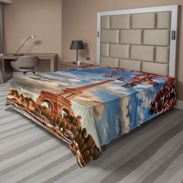 Abakuhaus Lenzuolo Torre Eiffel, Torre Eiffel Barca Senna Cloudscape Vacanze Destinazione Turistica, Lenzuolo Morbido E Confortevole Per Un Letto Decorativo 1 Pezzo 244 Cm X 205 Cm, Arancione Scuro Cannella-image