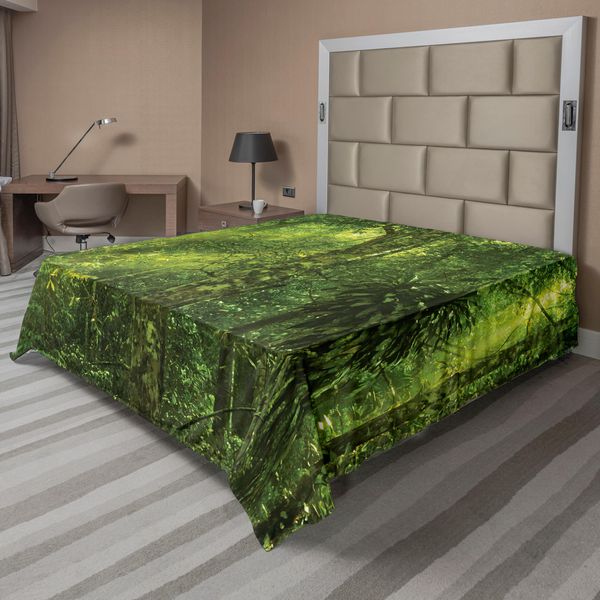 Abakuhaus Lenzuolo Foresta Pluviale, Sole Splendente Nella Foresta Tropicale Avventura Escursionismo Ambiente Remoto Fitti Verdi, Morbido E Confortevole Lenzuolo Superiore Per Un Letto Decorativo 1 Pezzo 275 Cm X 260 Cm, Verde-image