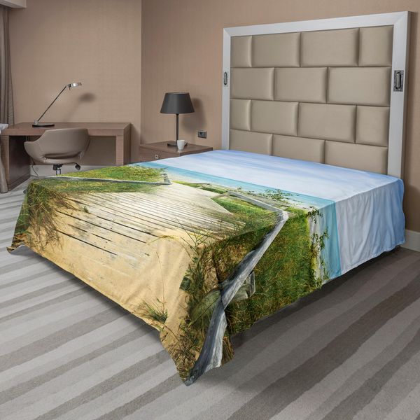 Abakuhaus Lenzuolo Da Spiaggia, Passeggiata Sulle Dune Della Spiaggia Pinery Provincial Park Ontario Canada, Morbido E Confortevole Lenzuolo Superiore Per Un Letto Decorativo 1 Pezzo 275 Cm X 260 Cm, Acquamarina Sabbia Marrone Verde-image