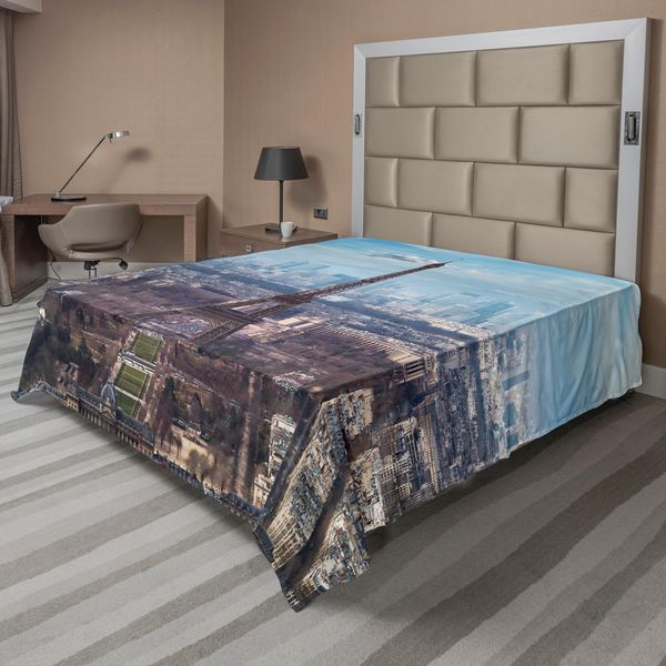 Abakuhaus Lenzuolo Torre Eiffel, Vista Dall'alto Della Torre Eiffel, Viali, Parco Cittadino, Grattacieli, Stampa, Morbido E Confortevole Lenzuolo Superiore Per Un Letto Decorativo, 1 Pezzo, 244 Cm X 205 Cm, Azzurro E Marrone.-image