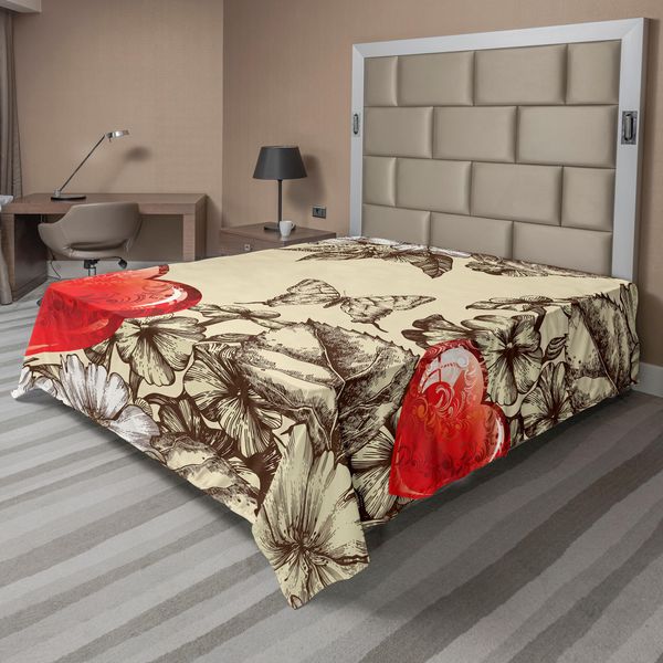 Abakuhaus Lenzuolo, Motivo San Valentino Con Fiori E Farfalle, Stampa Vintage A Tema Amore, Lenzuolo Morbido E Confortevole Per Un Letto Decorativo, 1 Pezzo, 260 Cm X 228 Cm, Beige, Marrone, Rosso-image