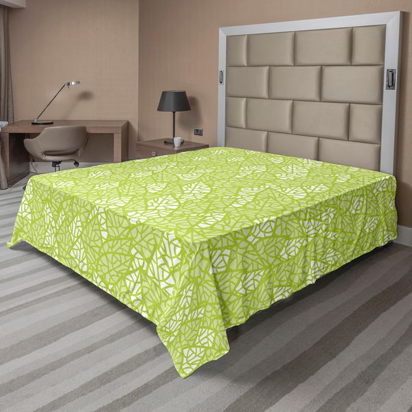Abakuhaus Lenzuolo, Motivo Con Foglie Primaverili, Cespugli Verdi, Ecologia, Giardino, Crescita, Stampa, Morbido E Confortevole Lenzuolo Superiore Per Un Letto Decorativo, 1 Pezzo, 275 Cm X 260 Cm, Verde Mela, Bianco-image
