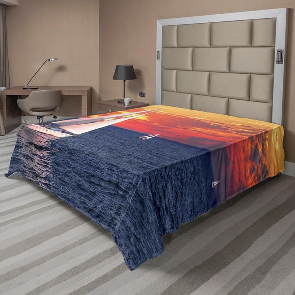 Abakuhaus Lenzuolo Con Barca A Vela, Barca A Vela Che Naviga In Una Tranquilla Serata Con Sole E Cielo Colorato, Lenzuolo Morbido E Confortevole Per Un Letto Decorativo 1 Pezzo 260 Cm X 228 Cm, Blu Scuro Arancione Bianco-image