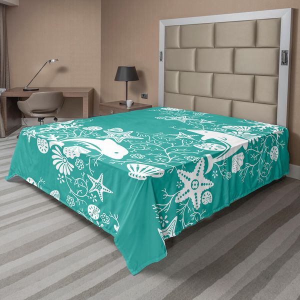 Abakuhaus Lenzuolo Con Motivi Marini, Delfini Fiori Sea Life Motivo Floreale Stella Marina Corallo Conchiglia Carta Da Parati, Lenzuolo Morbido E Confortevole Per Un Letto Decorativo 1 Pezzo 244 Cm X 205 Cm, Verde Mare Bianco-image