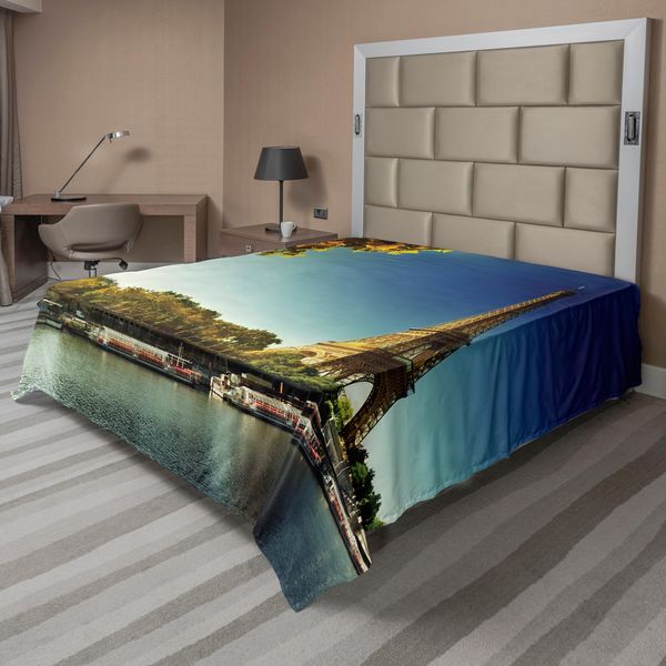 Abakuhaus Lenzuolo Torre Eiffel, Senna A Parigi Con Torre Eiffel, Foglie Autunnali, Stampa Paesaggio Fluviale, Lenzuolo Morbido E Confortevole Per Un Letto Decorativo, 1 Pezzo, 266 Cm X 260 Cm, Terra, Giallo, Verde, Blu-image
