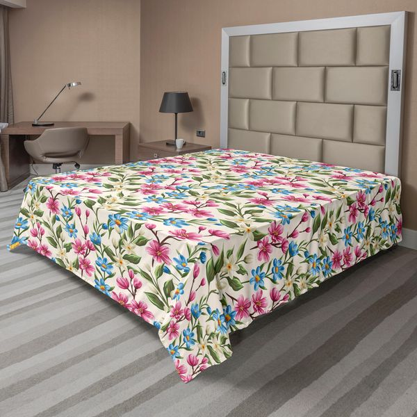 Abakuhaus Lenzuolo Con Fiori, Primavera In Fiore Bouquet Romantico Stampa Corsage, Morbido E Confortevole Lenzuolo Superiore Per Un Letto Decorativo 1 Pezzo 244 Cm X 205 Cm, Giallo Blu-image