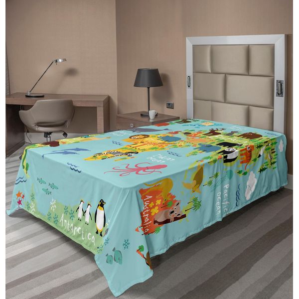 Abakuhaus Lenzuolo Fernweh, Cartone Animato Per Bambini Animali Del Mondo Fauna Esotica Con Oceano E Flora, Morbido E Confortevole Lenzuolo Superiore Per Un Letto Decorativo 1 Pezzo 260 Cm X 168 Cm, Azzurro Giallo Verde-image
