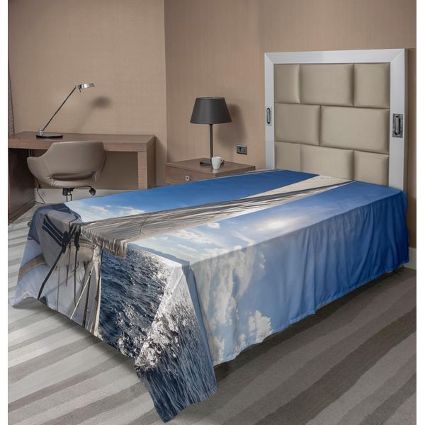 Abakuhaus Lenzuolo Con Barca A Vela, Barca A Vela Nel Mare, Tema Marittimo Con Riflessi Solari Luminosi, Lenzuolo Morbido E Confortevole Per Un Letto Decorativo, 1 Pezzo, 260 Cm X 168 Cm, Blu E Bianco-image